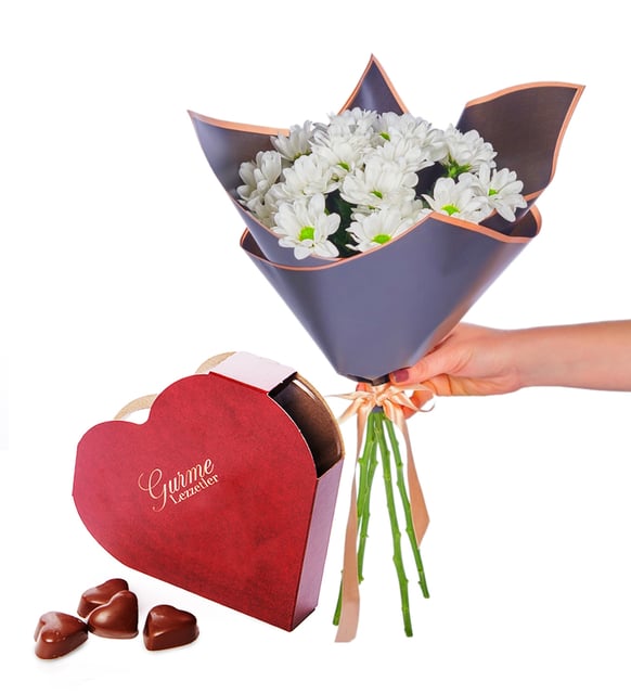 Beyaz Papatya Buketi ve Kalpli Gurme Lezzetler