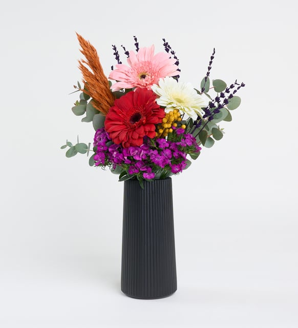 Siyah Çizgili Vazoda Kırmızı, Beyaz, Pembe Gerbera