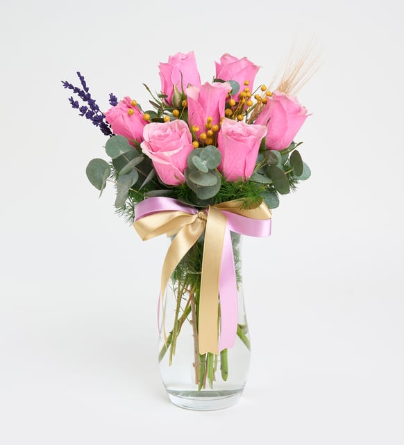 Cam Vazoda 7 Pembe Gül